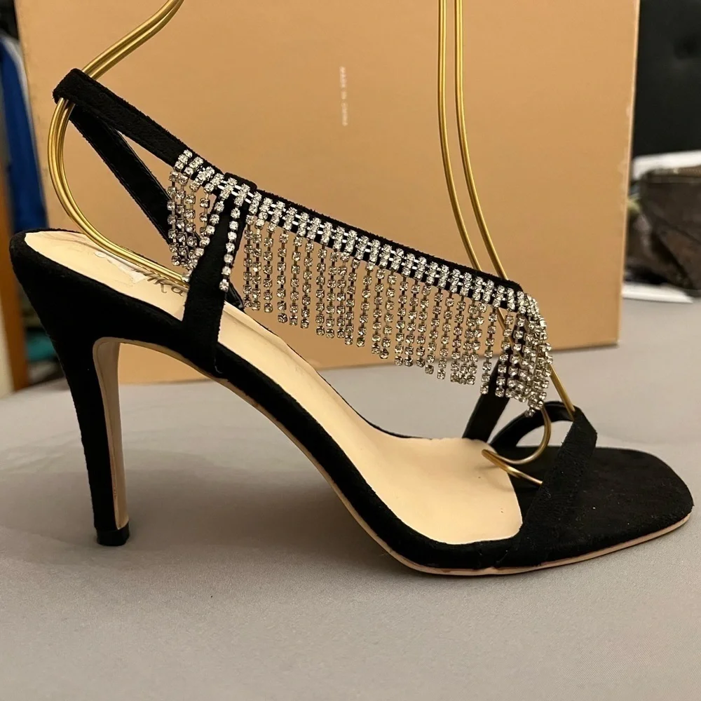 Adika Black Rhinestone Fringe Strappy Sandals 8